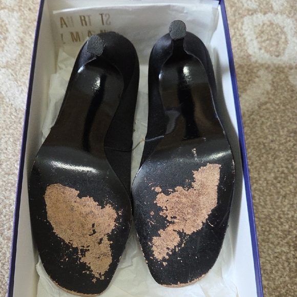 Stuart Weitzman Black Satin Peep-Toe Pumps w/ Rhinestone Bow - Size 8 - Picture 10 of 10